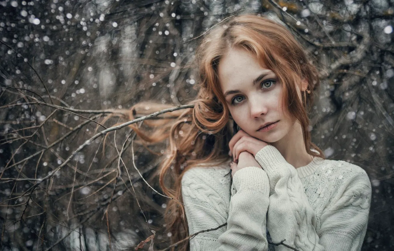 Photo wallpaper winter, white, girl, snow, trees, snowflakes, branches, photo