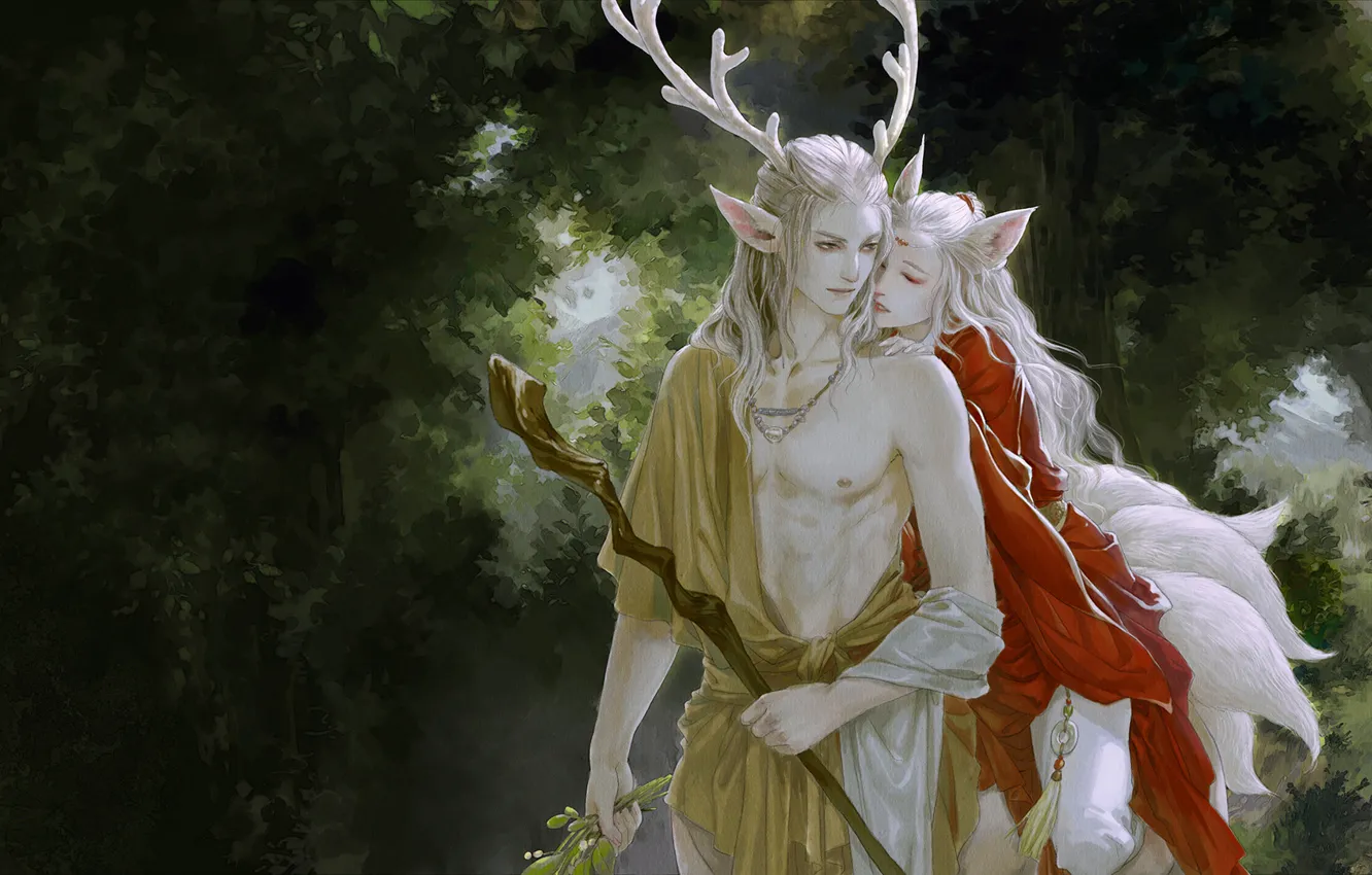Photo wallpaper forest, girl, art, horns, male, staff, ears, tails