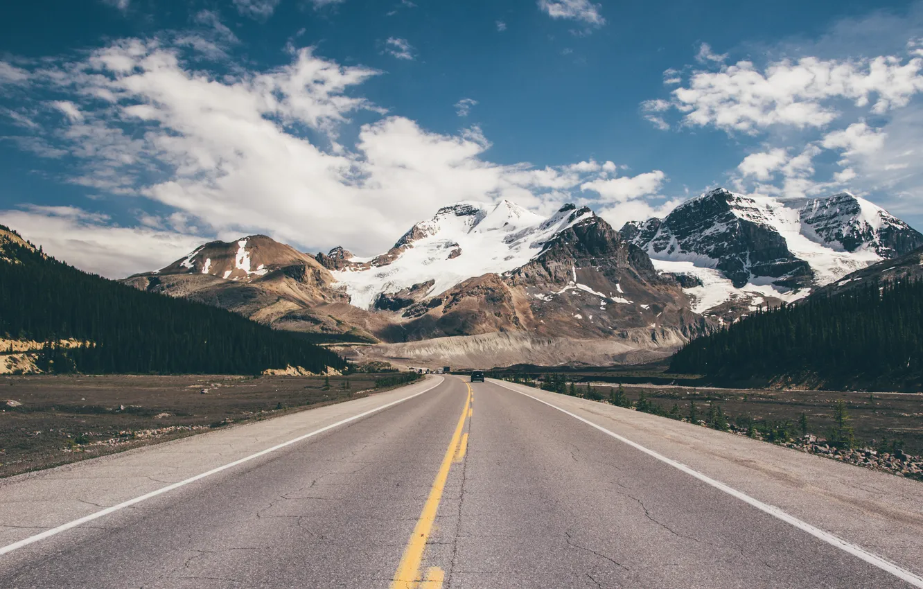 Photo wallpaper road, the sky, clouds, snow, mountains