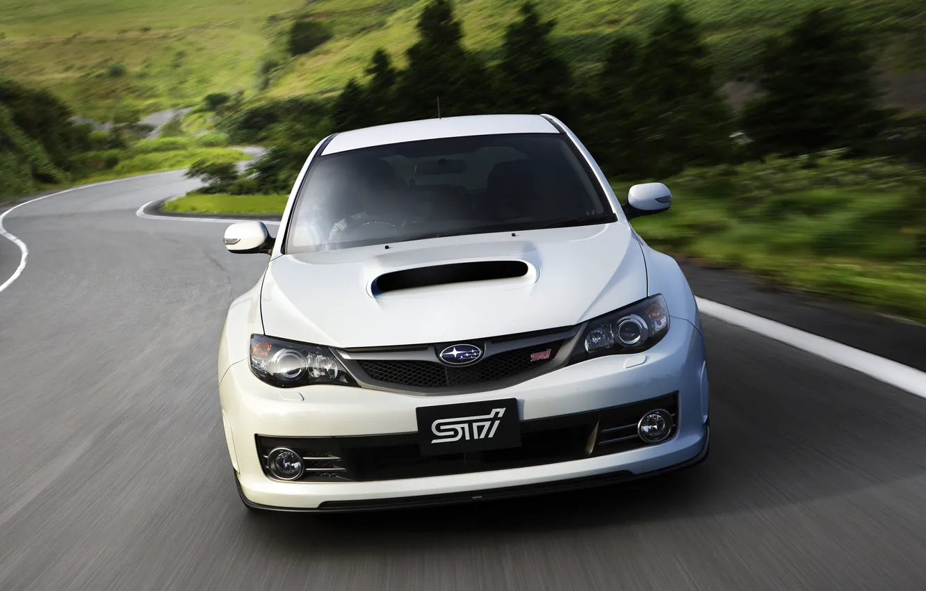 Photo wallpaper road, white, white, car, subaru, wrx, impreza, Subaru