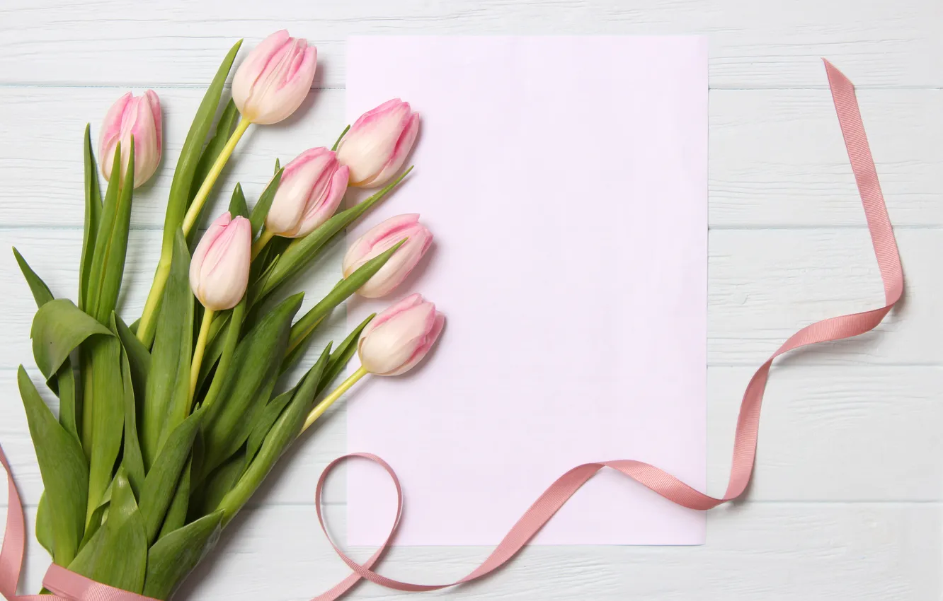 Photo wallpaper flowers, gift, bouquet, tulips, pink, wood, pink, flowers