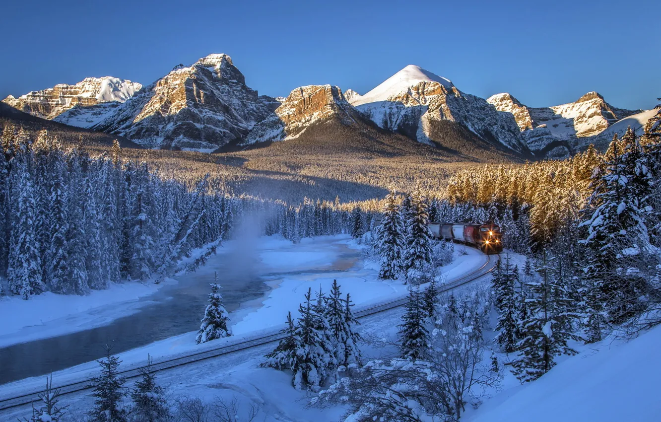 Photo wallpaper winter, forest, snow, trees, mountains, river, train, Canada