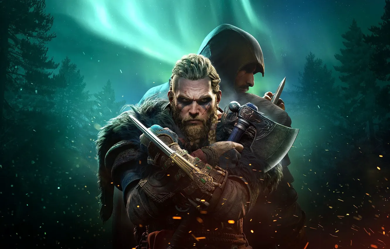 Photo wallpaper Assassin's Creed, Assassin's Creed Valhalla, Eivor, Two Assassins, Eivor with a beard, Basim.