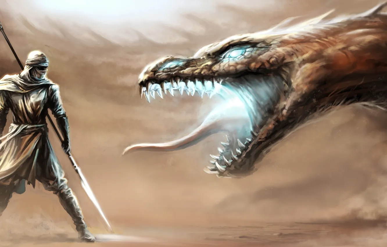 Photo wallpaper sand, desert, monster, storm, warrior, art, mouth, spear