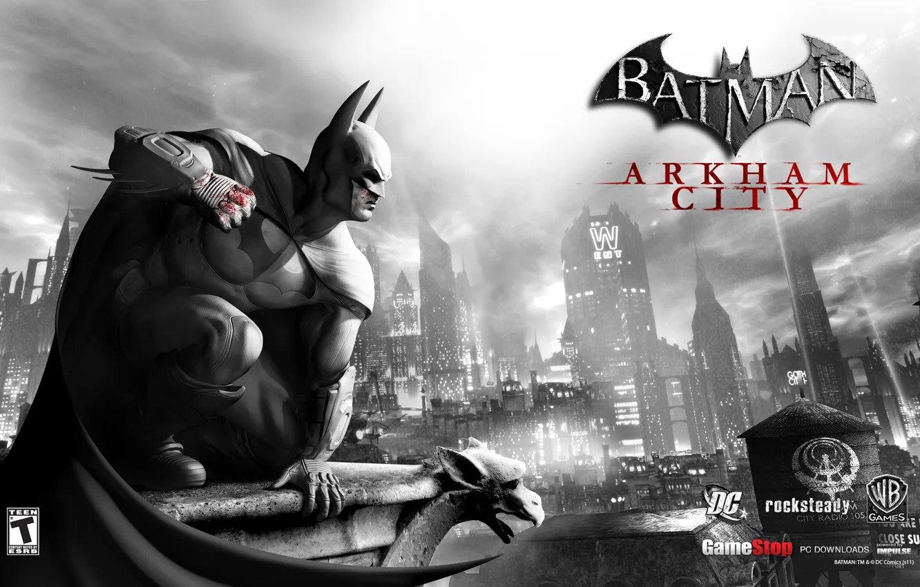 Photo wallpaper the city, Batman, Batman Arkham City, gargoyle, Arkham city