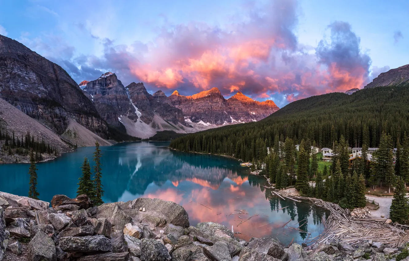 Photo wallpaper forest, sunset, mountains, lake, Canada