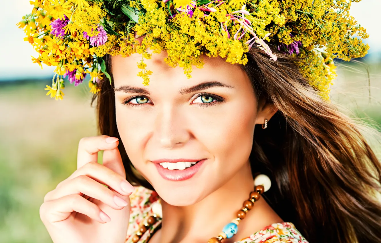 Photo wallpaper field, girl, nature, earrings, beads, brown hair, wreath, wildflowers