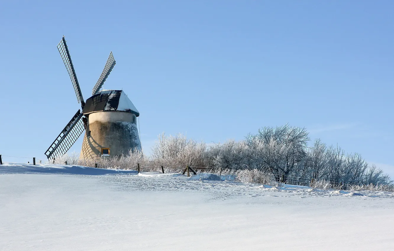 Photo wallpaper winter, field, snow, mill