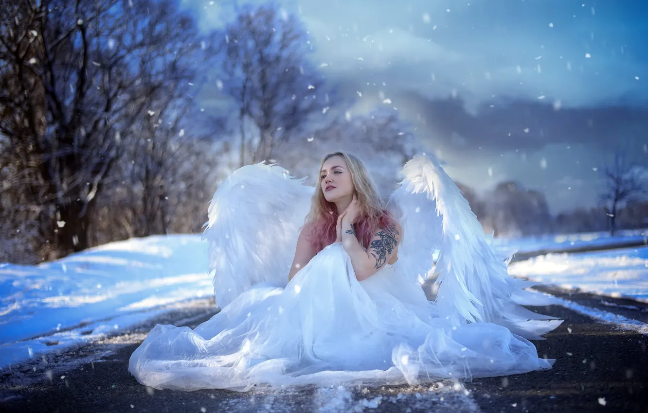 Photo wallpaper winter, road, girl, angel