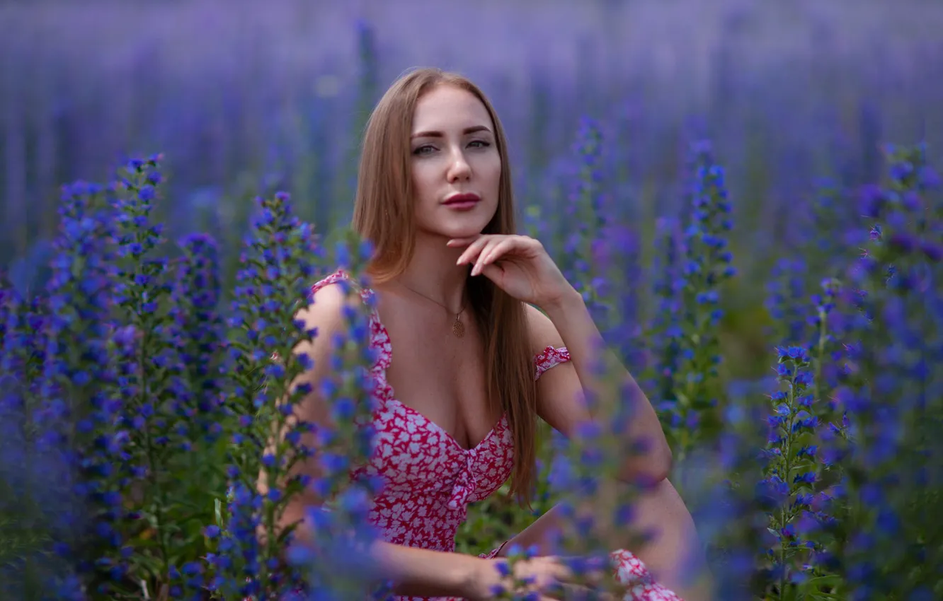 Photo wallpaper field, look, girl, flowers, model, dress, beautiful, long hair