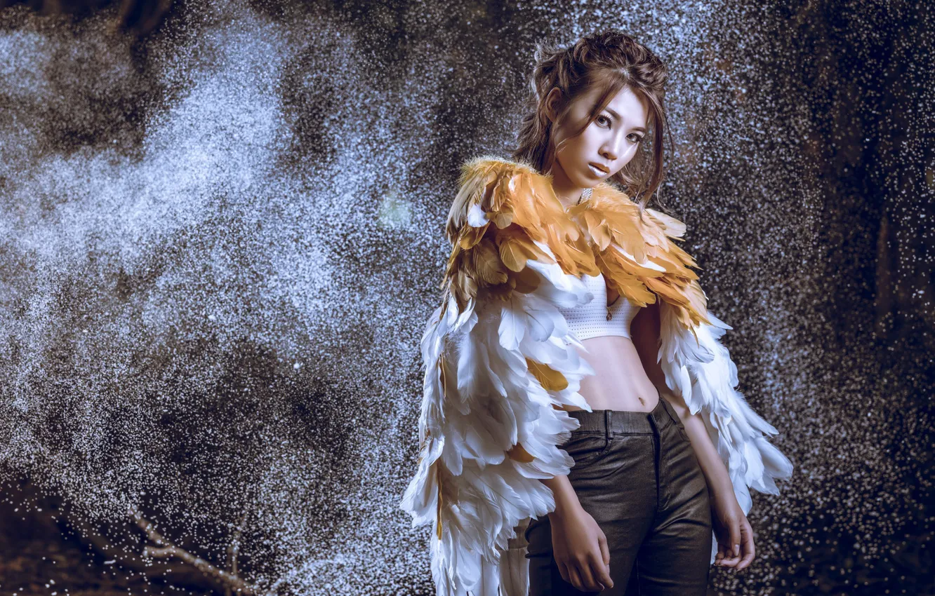 Photo wallpaper look, girl, style, feathers