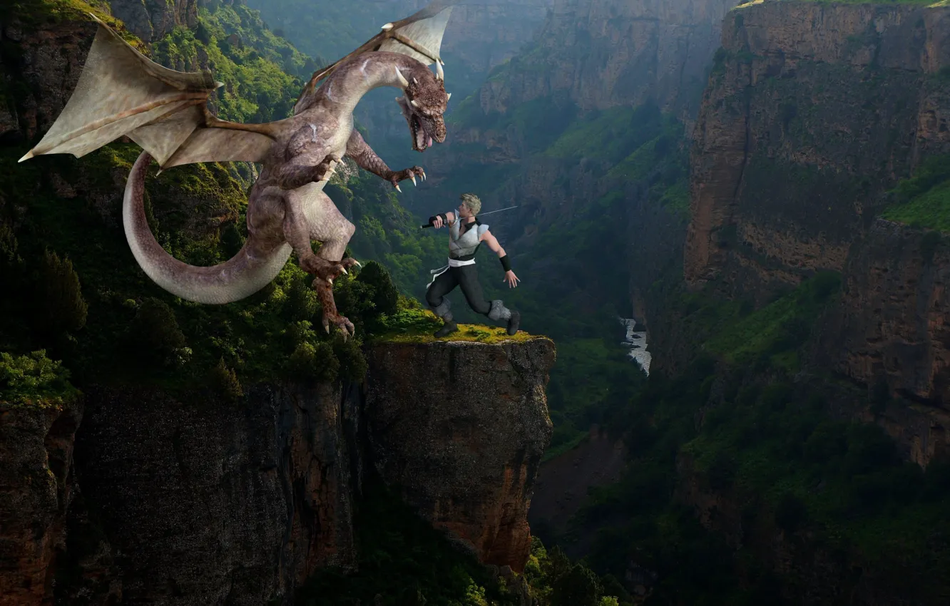 Photo wallpaper forest, pose, rendering, fantasy, open, rocks, dragon, height