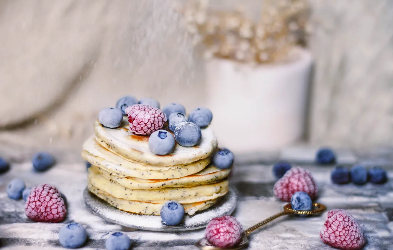 Photo wallpaper berries, raspberry, food, blueberries, pancakes, delicious, powdered sugar, pancakes