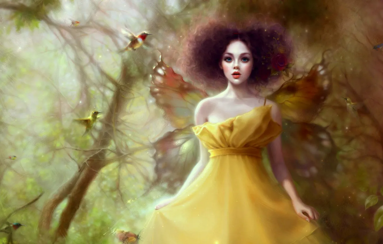 Photo wallpaper trees, fairy, birds, wings, art, Ruoxing Zhang, forest nymph, yellow dress