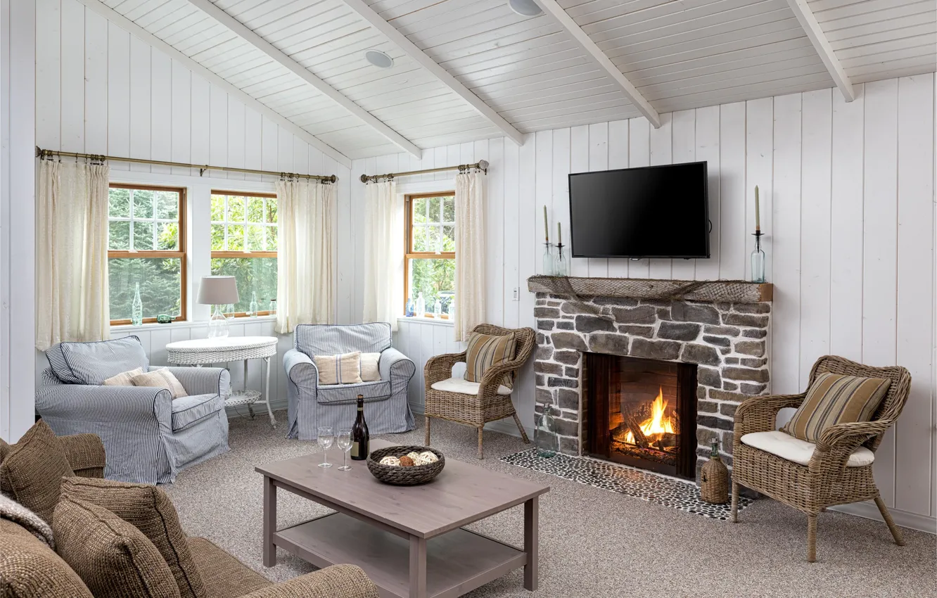 Photo wallpaper sofa, chair, fireplace, living room