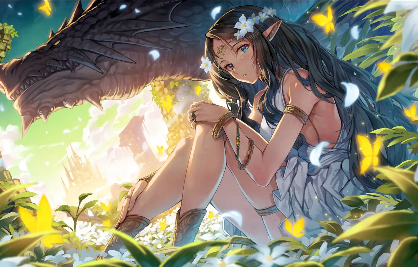 Photo wallpaper girl, fantasy, legs, nature, blue eyes, butterfly, flowers, dragon
