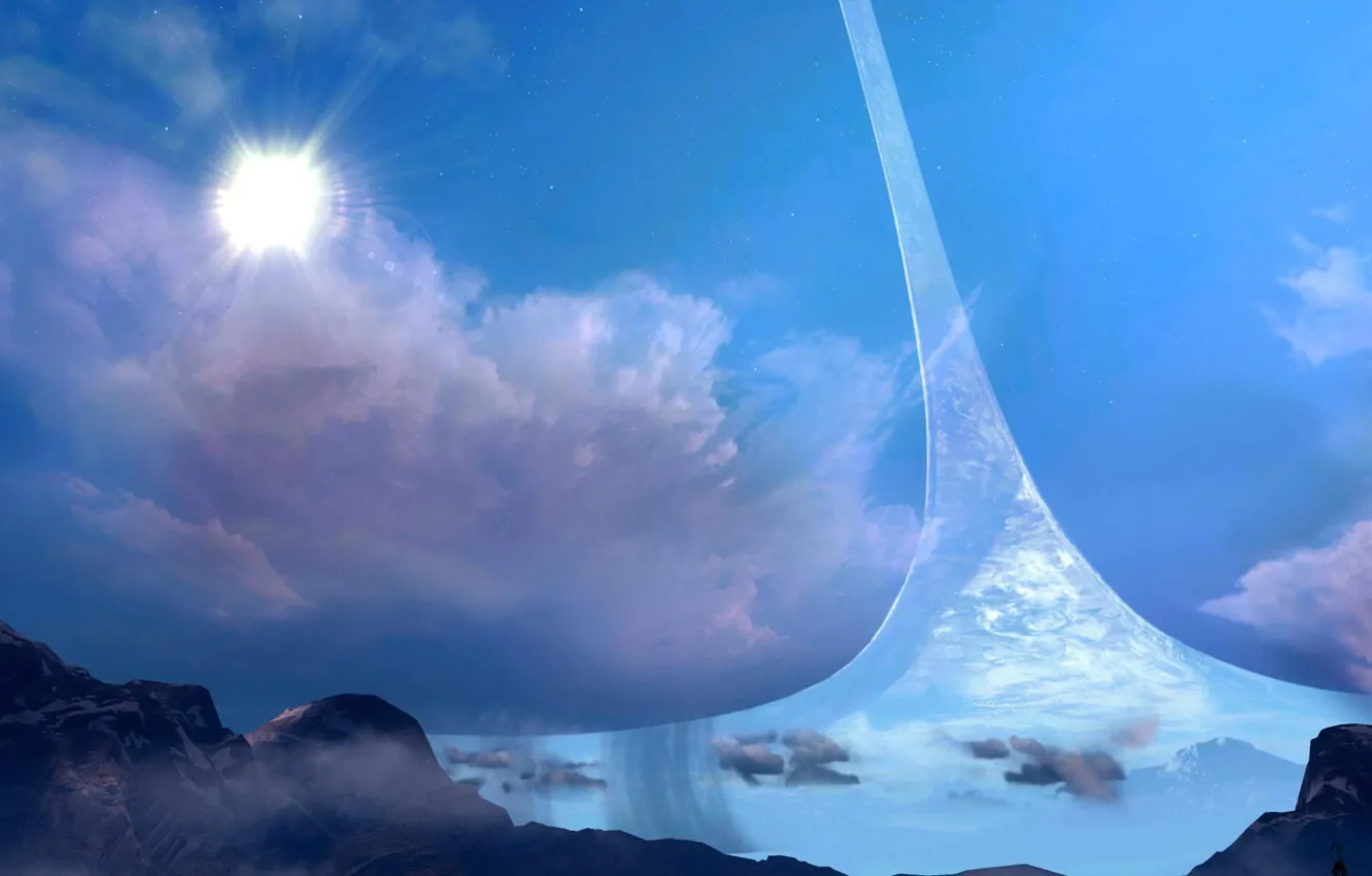 Photo wallpaper the sky, the sun, stars, mountains, earth, ship, Halo