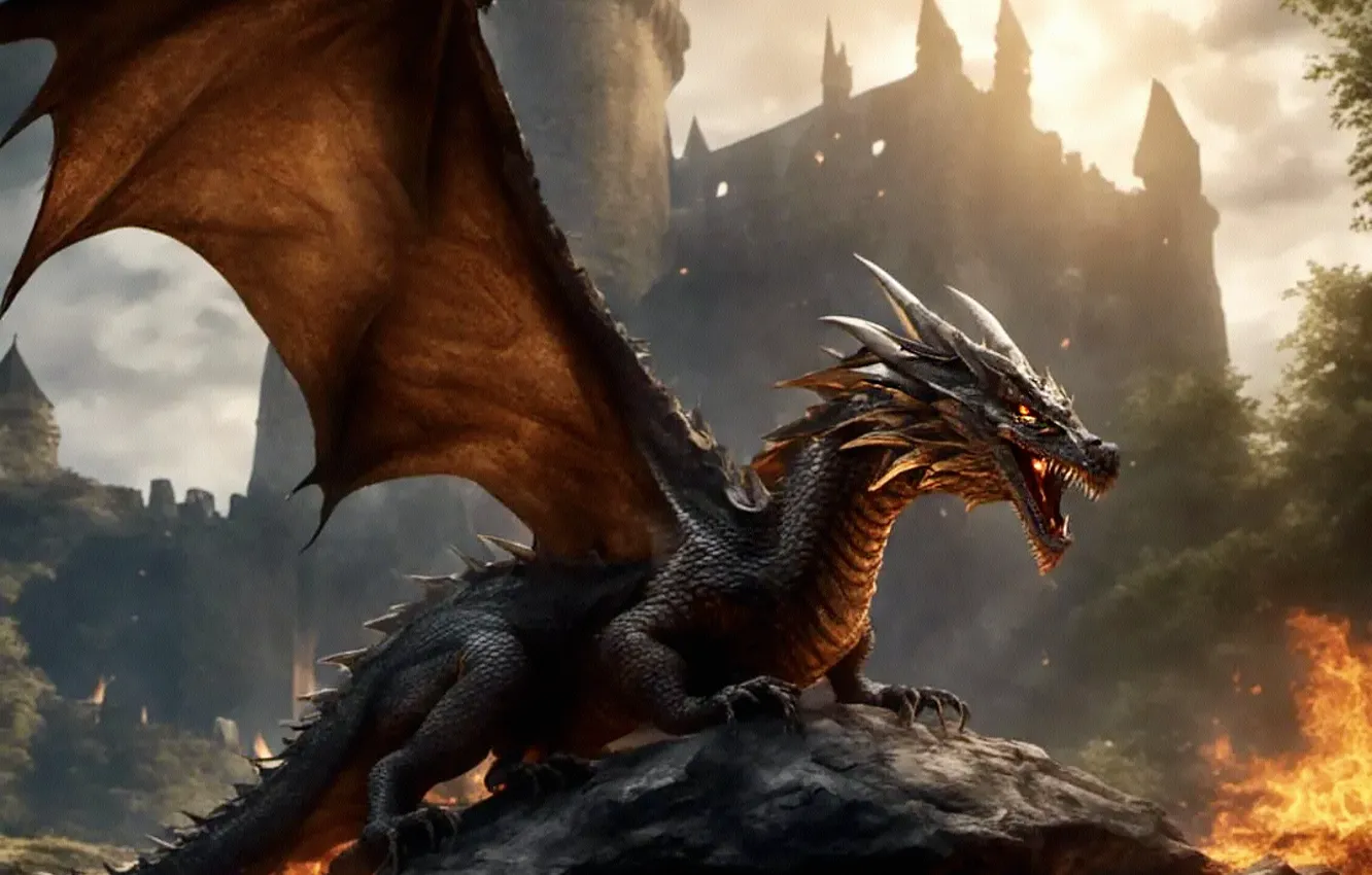 Photo wallpaper light, fog, castle, fire, flame, dragon, stone, smoke