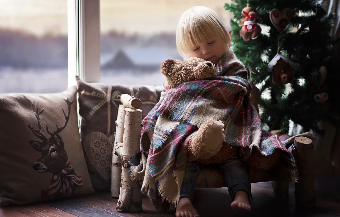 Photo wallpaper bench, room, mood, holiday, toy, new year, Christmas, baby