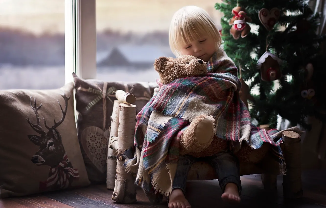 Photo wallpaper bench, children, room, mood, holiday, toy, tree, new year