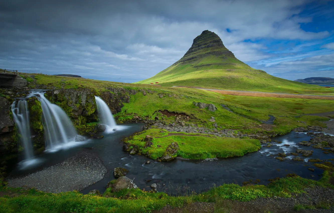 Photo wallpaper water, landscape, mountains, nature, stones, waterfall, Iceland
