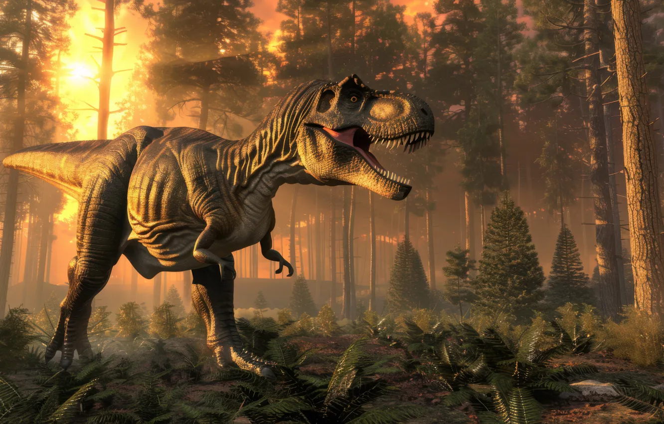 Photo wallpaper Trees, Forest, Dawn, Predator, Dinosaur, Animal, Digital art, Tyrannosaurus