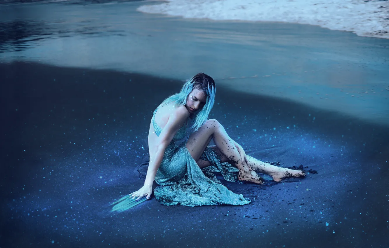 Photo wallpaper sea, beach, girl, style, shore, fantasy, image, sitting