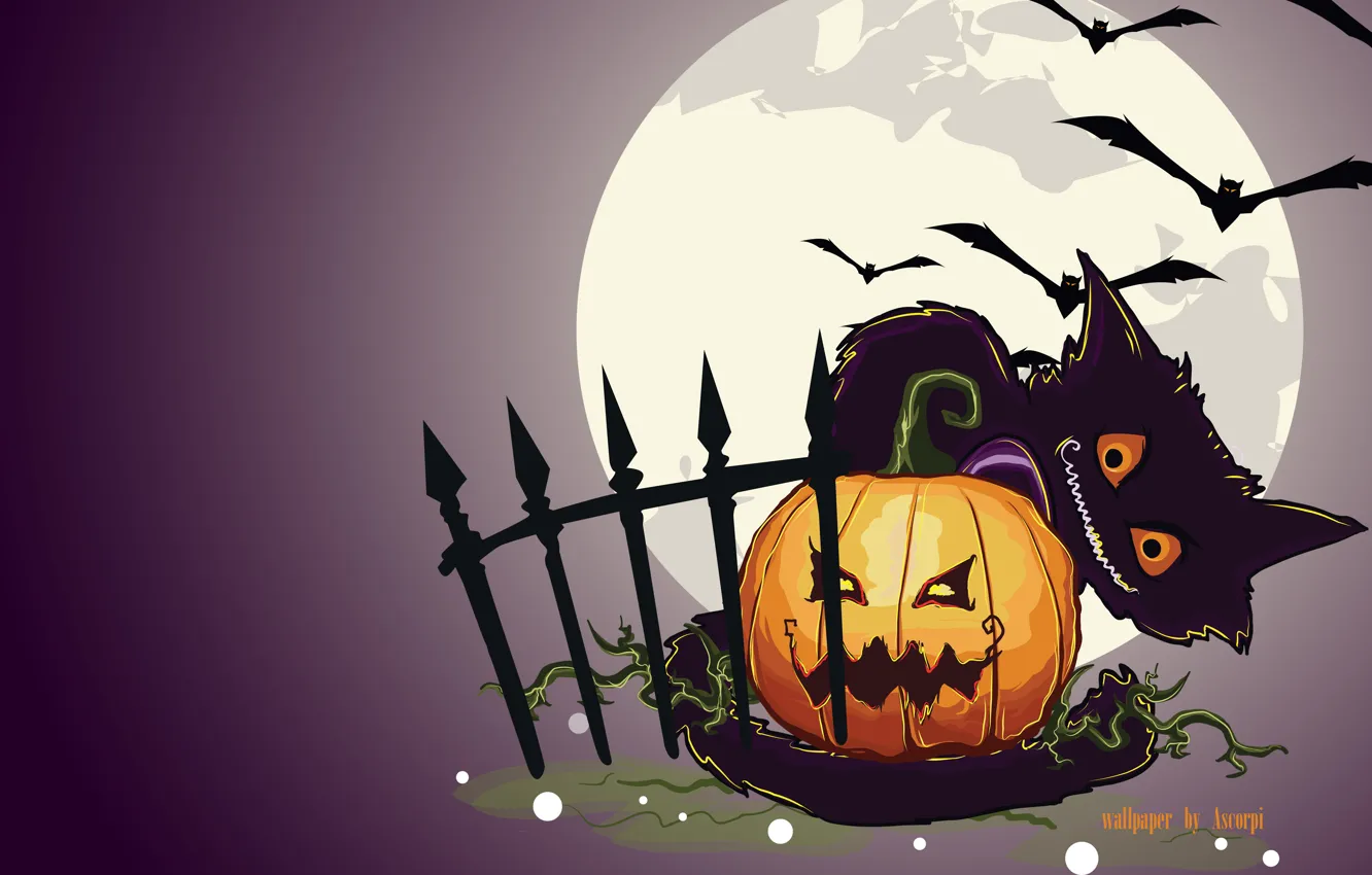 Photo wallpaper cat, night, the moon, the fence, pumpkin, hallowen