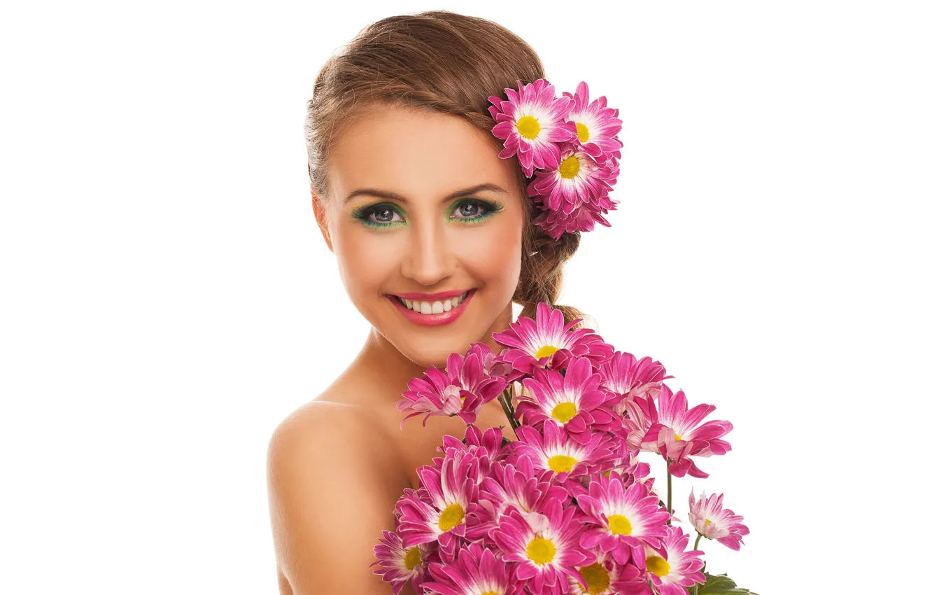 Photo wallpaper look, girl, flowers, smile, portrait, bouquet, makeup, hairstyle
