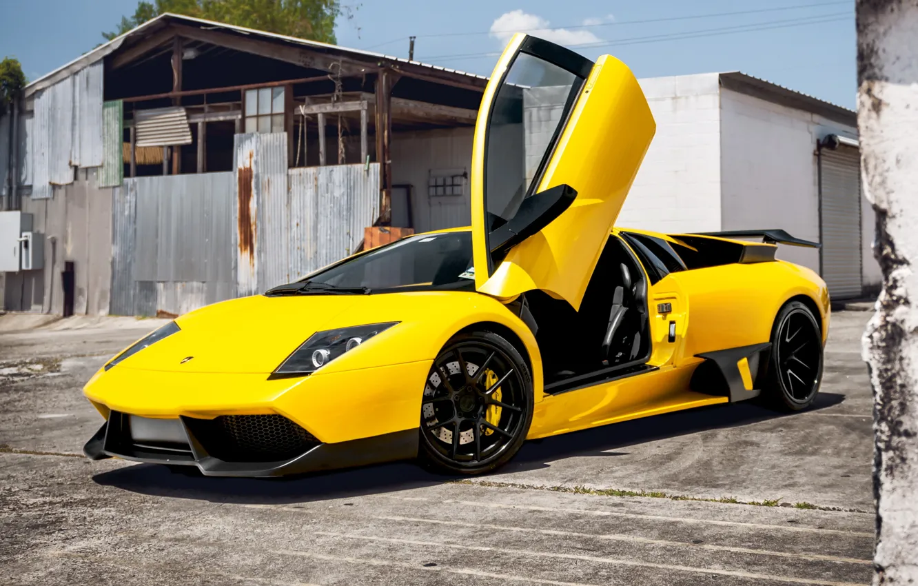 Photo wallpaper yellow, supercar, Lamborghini Murcielago, Lamborghini, Parking space