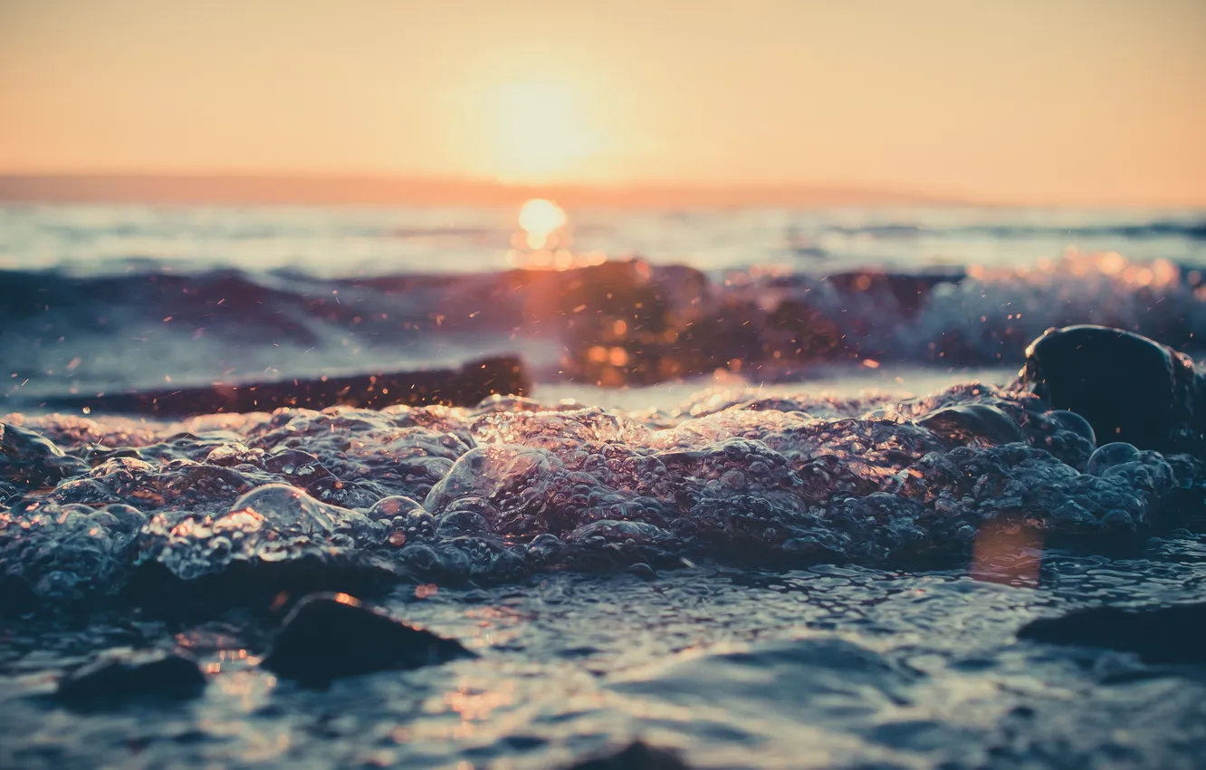 Photo wallpaper sea, wave, water, sunset, Wallpaper