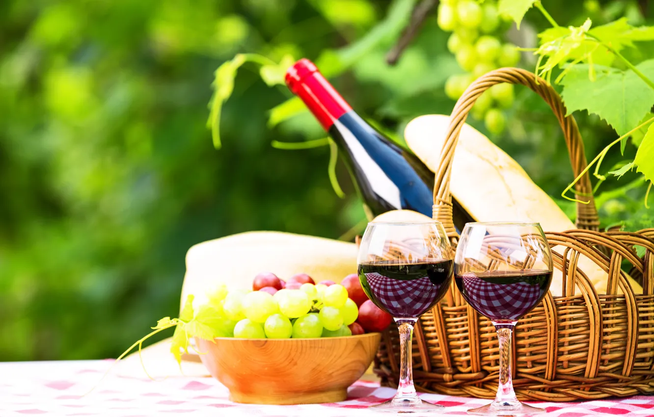 Photo wallpaper greens, table, wine, basket, glass, bottle, garden, bread