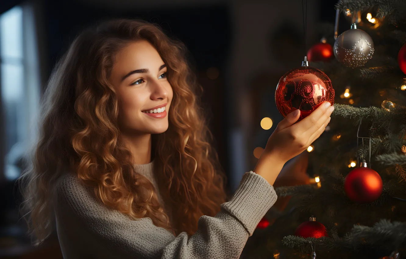 Photo wallpaper girl, joy, face, smile, emotions, holiday, new year, portrait