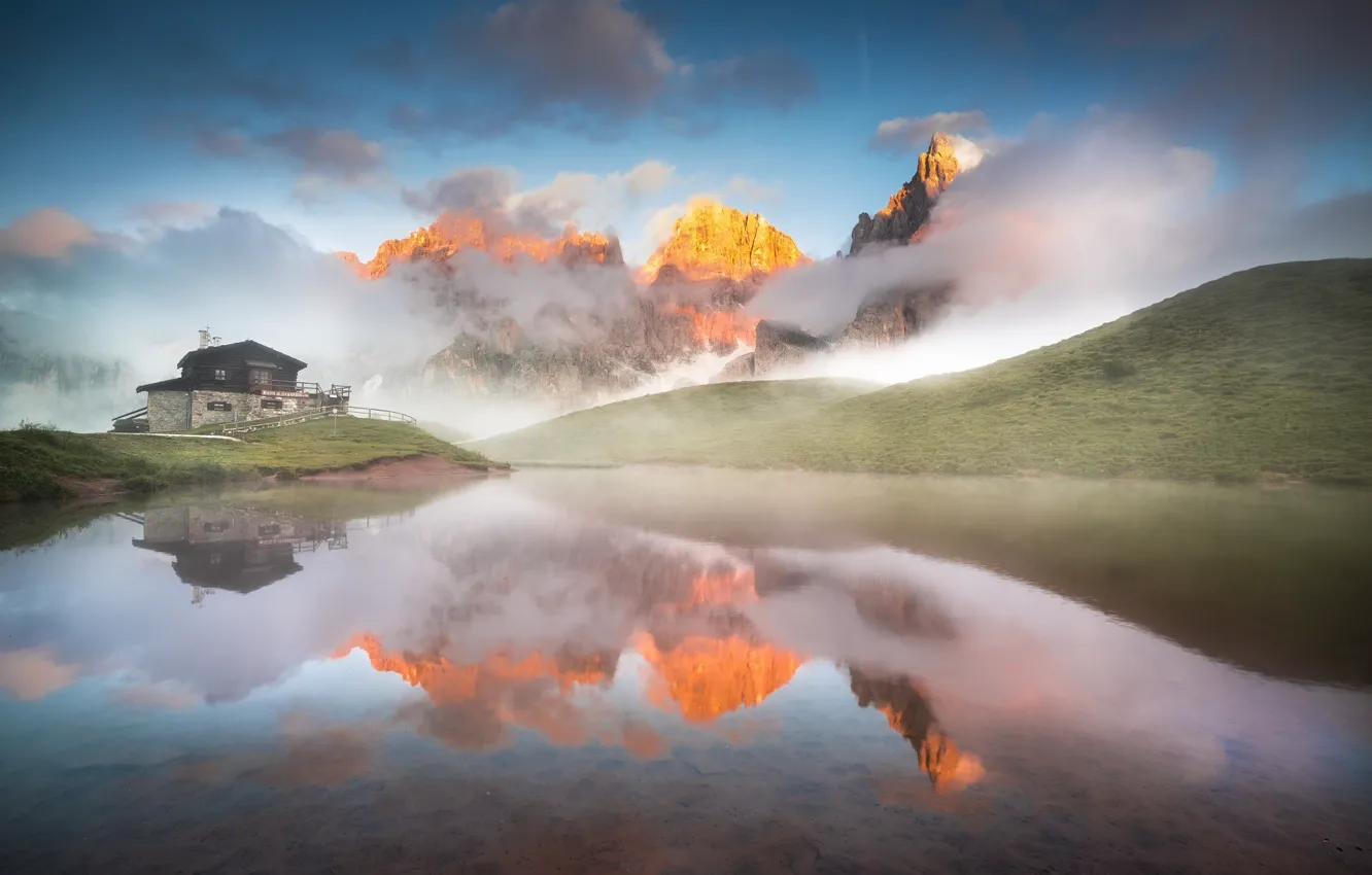 Photo wallpaper mountains, lake, morning, haze