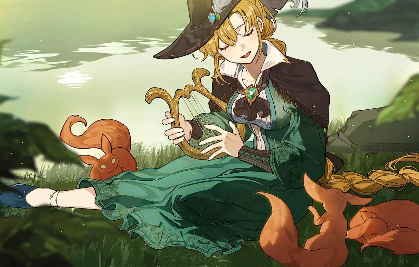 Photo wallpaper girl, lake, rose, proteins, plays the harp, Volcano Princess