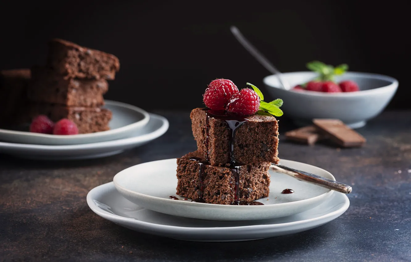 Photo wallpaper chocolate, cake, dessert, berries, raspberry