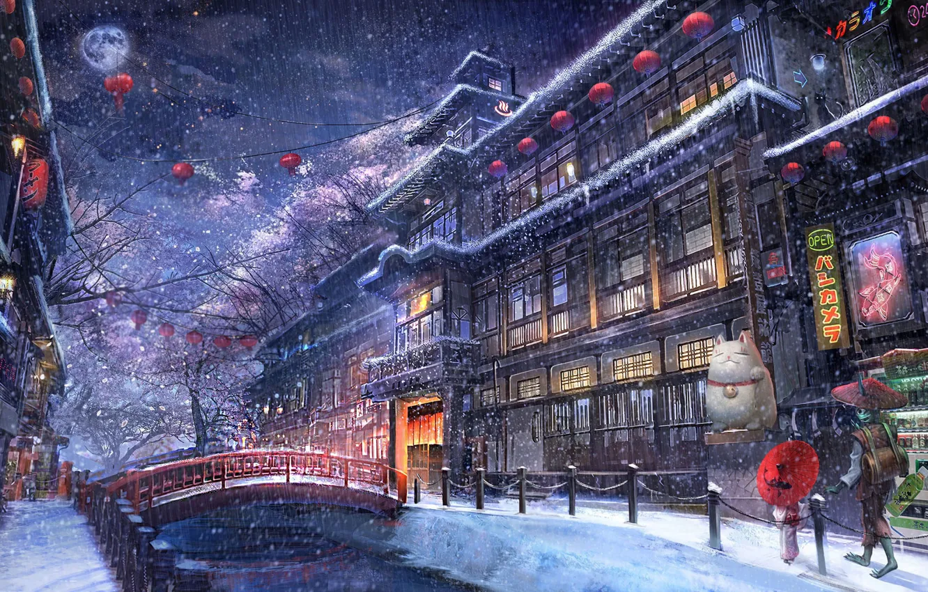 Photo wallpaper winter, the city, anime, walk