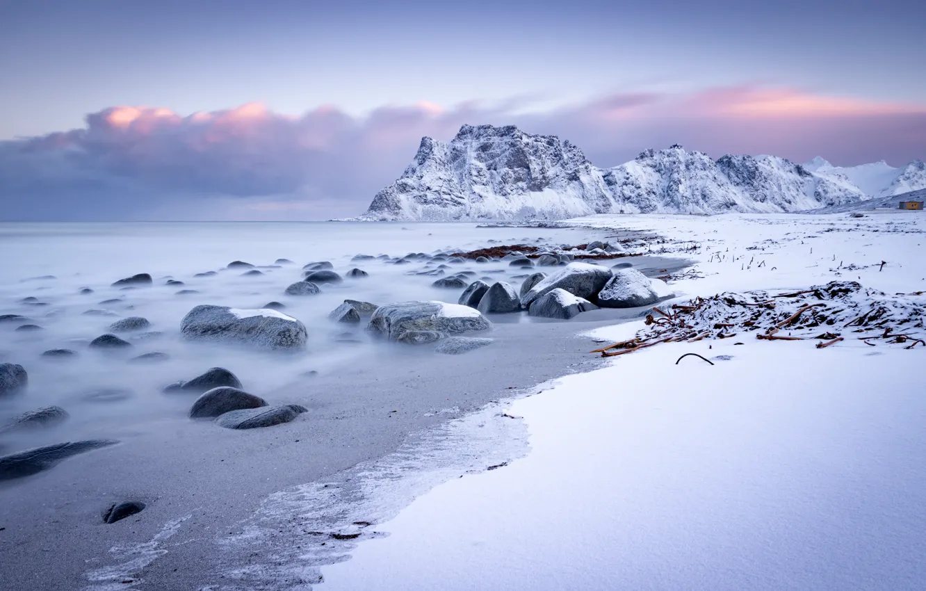 Photo wallpaper winter, clouds, light, snow, mountains, stones, rocks, shore