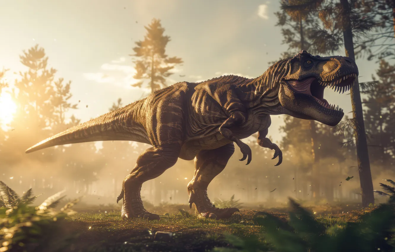 Photo wallpaper Trees, Dawn, Teeth, Face, Predator, Dinosaur, Animal, Digital art