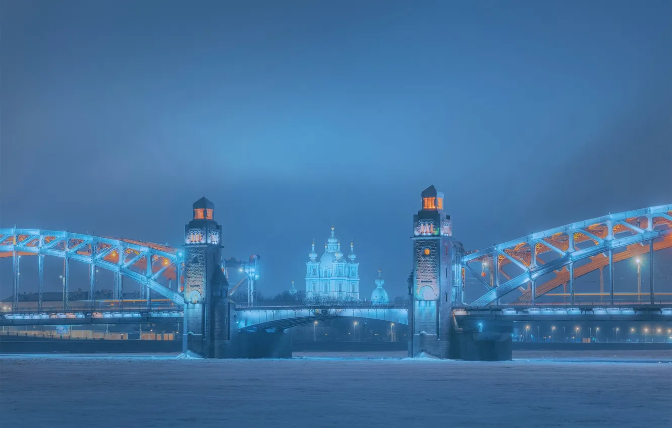 Photo wallpaper bridge, river, Saint Petersburg, temple, Russia, Smolny Cathedral, The Neva River, Bolsheokhtinsky bridge