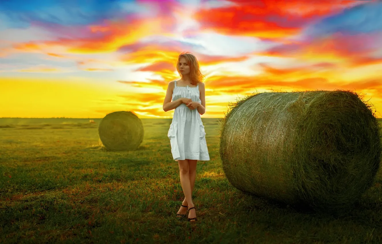 Photo wallpaper the sky, grass, girl, light, dress, hay, Andrey Metelkov, Andrey Metel'kov