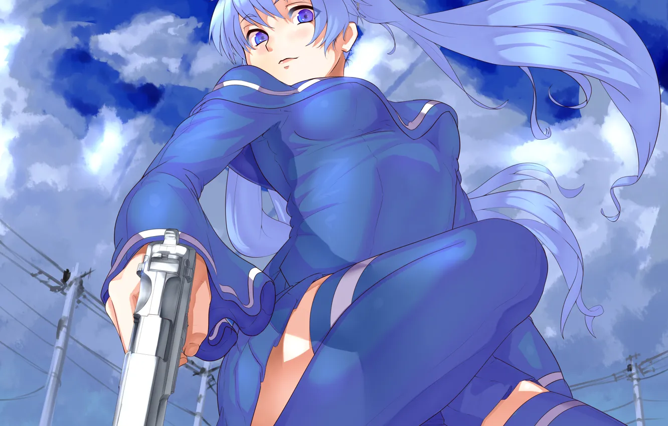 Photo wallpaper the sky, girl, clouds, gun, weapons, wire, anime, art