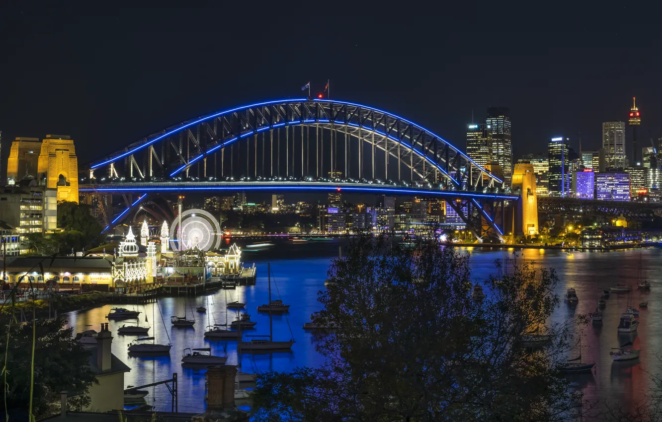 Photo wallpaper night, bridge, lights, river, Australia, Sydney, promenade
