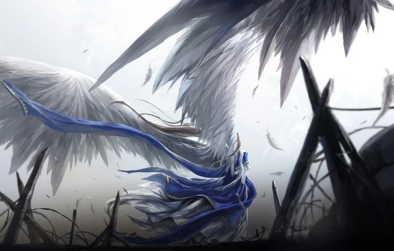 Photo wallpaper girl, wings, feathers, dress, angel wings, long hair, goddess, silver hair