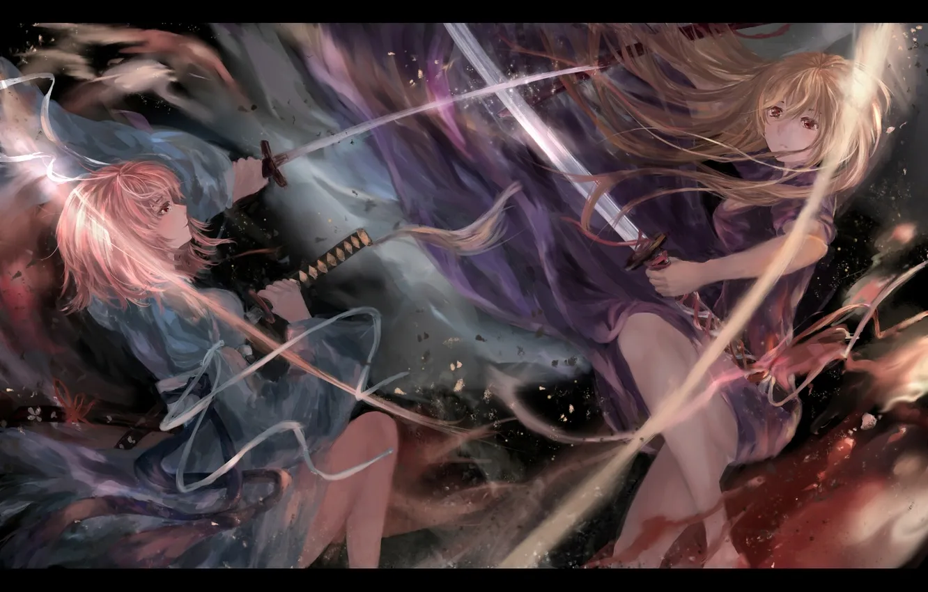 Photo wallpaper girls, anime, battle, art, swords, Touhou, saigyouji yuyuko, Yakumo Yukari