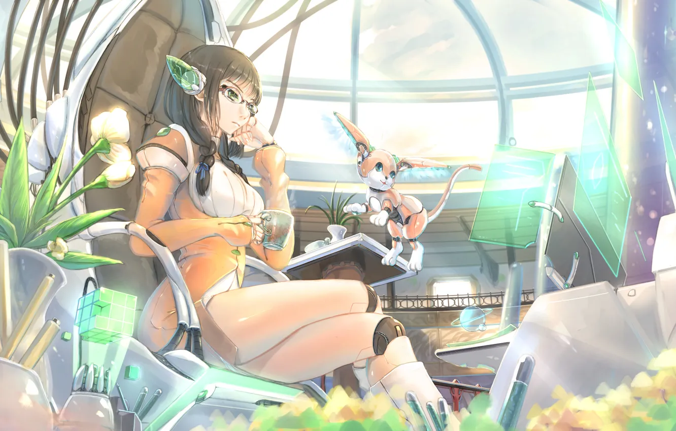 Photo wallpaper girl, flowers, pose, future, tea, technology, Cup, art