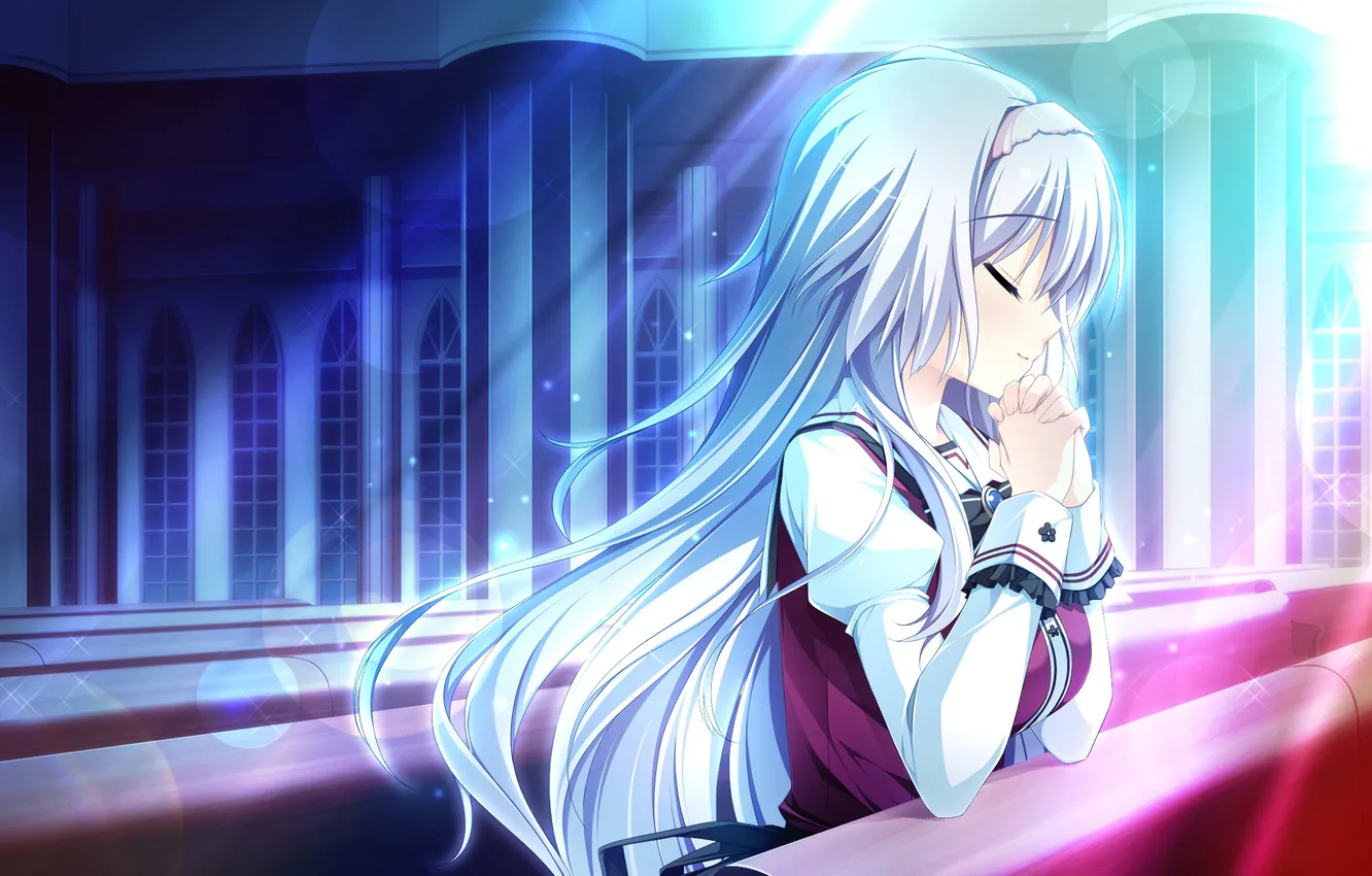 Photo wallpaper girl, smile, building, moonlight, Anastasia, art, prayer, otome ga tsumu let koi no canvas