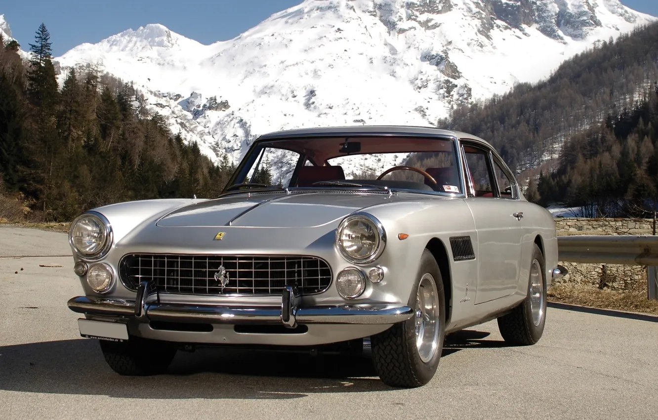 Photo wallpaper road, forest, snow, mountains, silver, 1960, Ferrari, Ferrari