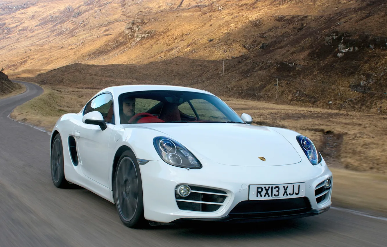 Photo wallpaper road, car, machine, speed, Porsche, Cayman, white