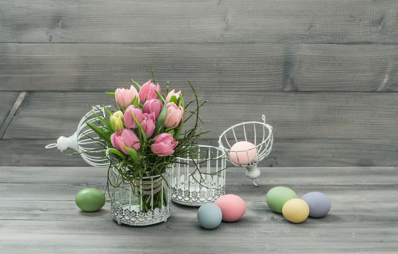 Photo wallpaper flowers, eggs, Easter, tulips, Easter eggs